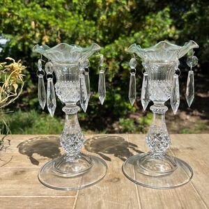 Pair of Glass Candle Holders w/ Hanging Crystals